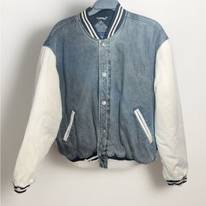 Denim-Style Varsity Jacket with White Sleeves